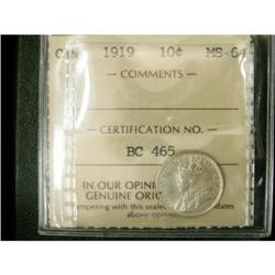 1919 10¢ ICCS MS64.  Balst white in colour.