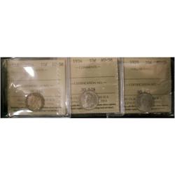 Lot of 3 ICCS graded AU-58 Ten Cents; 1929, 1