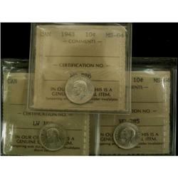 Lot of 3 ICCS graded 10¢;  1938, 1939, 1943,