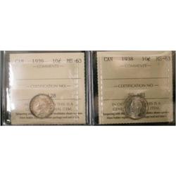 1938 and 1939 10¢, both ICCS graded MS-63