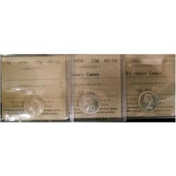Lot of 3 ICCS graded MS-64 Ten Cents; 1939, 1