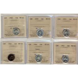 Lot of 6 ICCS MS-65 Ten cents; 1955, 1959, 19