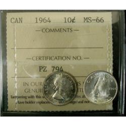 1964 10¢ ICCS MS-66, white on reverse and nic