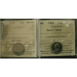 1969 and 1970 10¢, both coins are ICCS MS-66.