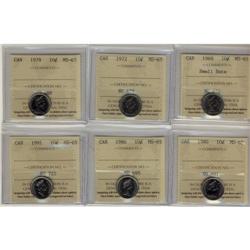 Lot of 6 ICCS graded MS-65 10¢; 1969, 1972, 1