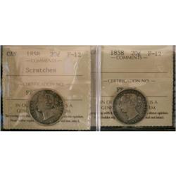 1858 20¢ ICCS F12. Lot of 2 coins one designa