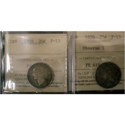 1858 20¢ and 1870 25¢. Lot of 2 coins both IC