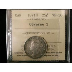 1871H Obv.#2 25¢ ICCS VF-30, a nice silver gr