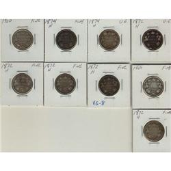 Lot of  nine  Victoria 25 cents;  Includes 18
