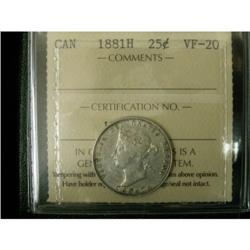 1881H 25¢ ICCS VF-20, light golden tone