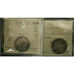 1882H and 1910 25¢. Lot of two coins both gra
