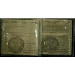 1903 and 1934 25¢, both ICCS VF-30