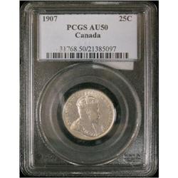 1907 25¢ PCGS AU50, full white with nice lust