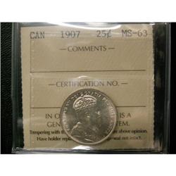 1907 25¢ ICCS MS63. Brilliant with full luste