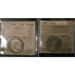 Lot of 2 ICCS graded 25¢; 1921 F-15, 1939 MS-