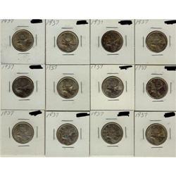 Lot of  twelve  1937 25 cents; all AU-50 to M