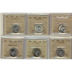 Lot of 6 ICCS graded 25¢; 1938,1943,1945,1946