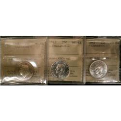 Lot of 3 ICCS graded 25¢; 1942,1947,1948.  Al