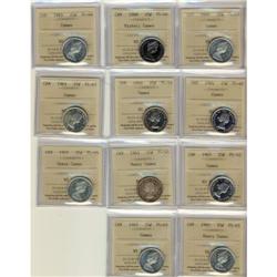 Large lot of 11 ICCS Proof-like 25¢ coins wit