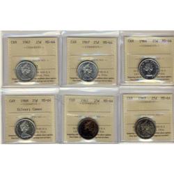 1964 to 1968 25¢ ICCS MS64.  Lot of 6 coins a