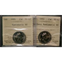 1992 Caribou, 1995 25¢, both ICCS MS-67 "Numi