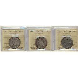 Lot of 3 ICCS graded 50¢ coins, includes, 189