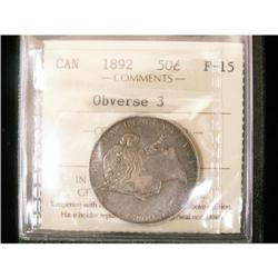 50 Cents 1892, graded ICCS F-15; Obverse # 3.