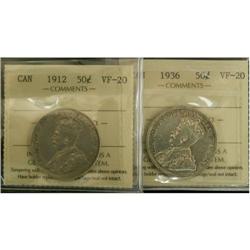 Lot of 2 ICCS graded 50¢ 1912 VF-20, 1936 VF-