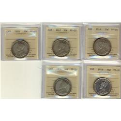 Lot of 5 50¢ coins all ICCS VF20.  Includes 1