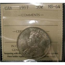 1917 50¢ ICCS MS-64 attractive toning over fu