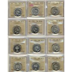 1937 to 1955 50¢.  Lot of 12 coins all ICCS M