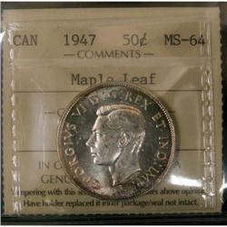1947 Maple Leaf 50¢ ICCS MS-64,