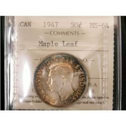 1947 Maple leaf 50¢ ICCS MS64PQ+, attractivel