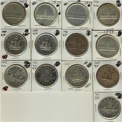 1935 to 1952 Silver Dollars. Lot of 13 coins