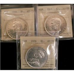 Lot of 3 ICCS graded $1 ;1936 AU-55, 1946 AU-