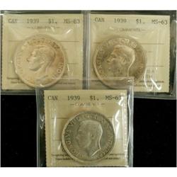 Lot of 3 ICCS graded $1 1939 MS-63 (3),