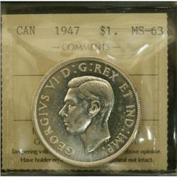 1947 $1 Blunt 7 ICCS MS63, full white and lus