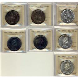Lot of 7 ICCS MS63 Silver Dollars, includes,