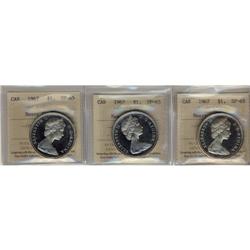 1967 $1 ICCS SP-65 HEAVY CAMEO, lot of 3 coin