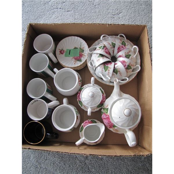 box of swinnertons teapot with cracked lid cups and saucers e t c