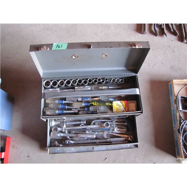 grey toolbox with sockets, nut drivers, wrenches, e t c