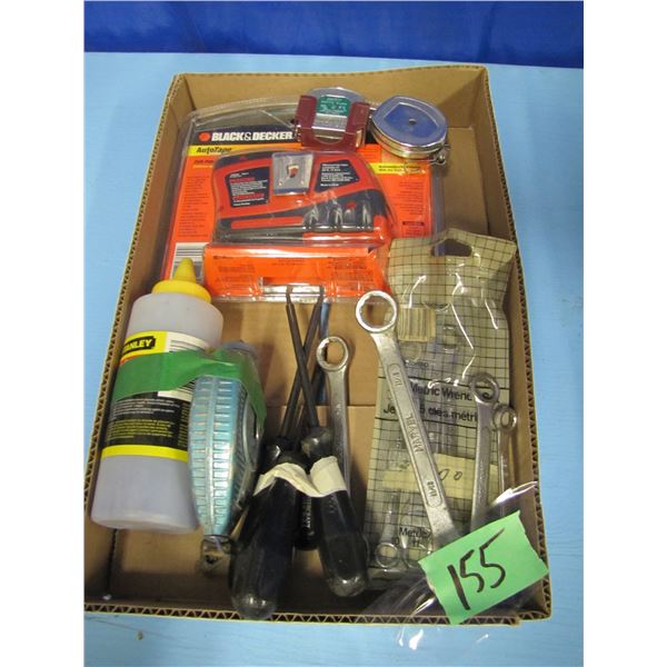 box with chalk line and chalk, open-ended box end wrenches, torx screwdrivers, e t c