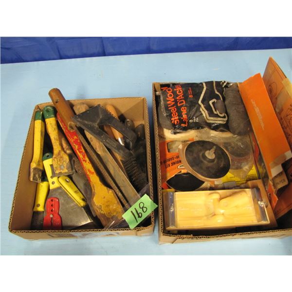 lot of two boxes of paint scrapers sanding paper e t c