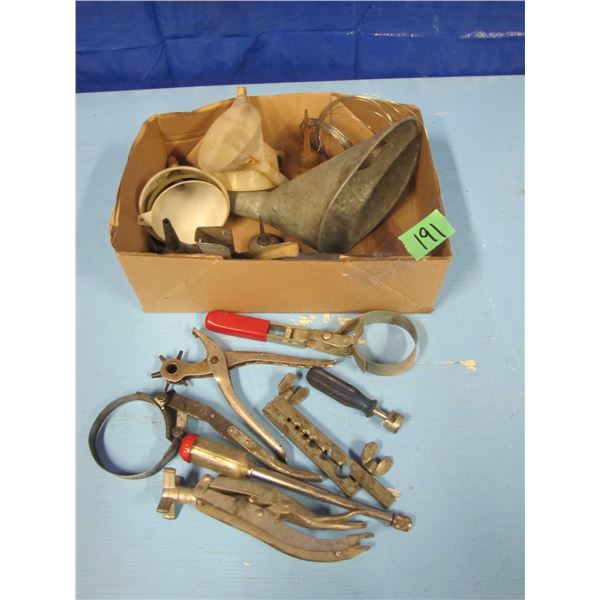 box with funnels, oil filter wrenches Etc