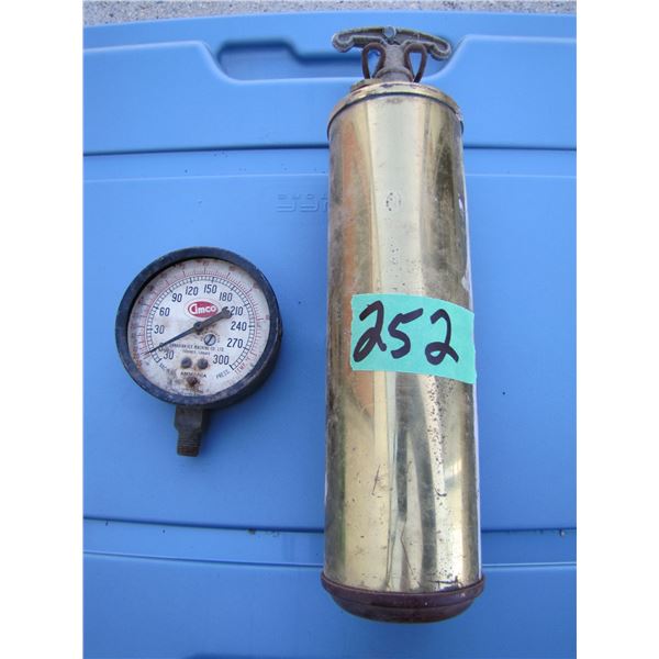 small copper fire extinguisher and Gauge