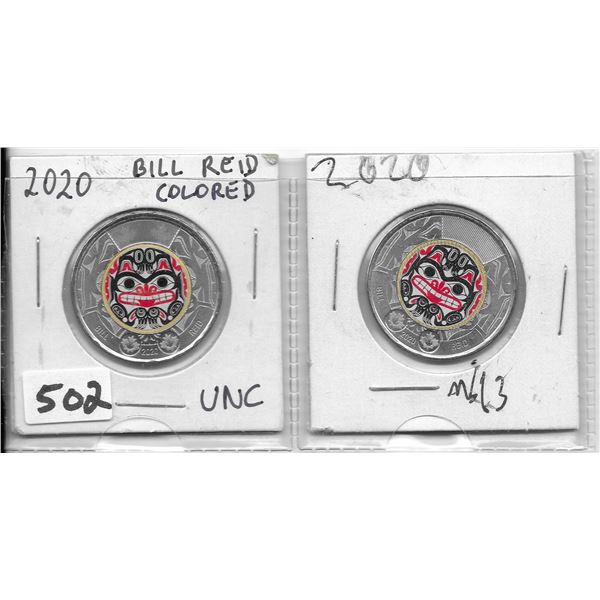 lot of 2 - 2020 Bill Reid Colored twoonie coins