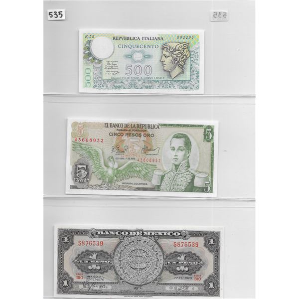 Sheet of 3 various foreign currancies