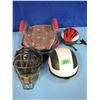 Image 1 : child's booster seat and various helmets