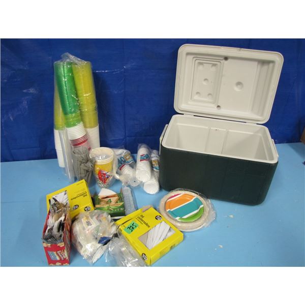 Coleman cooler with disposable cups plates and Cutlery