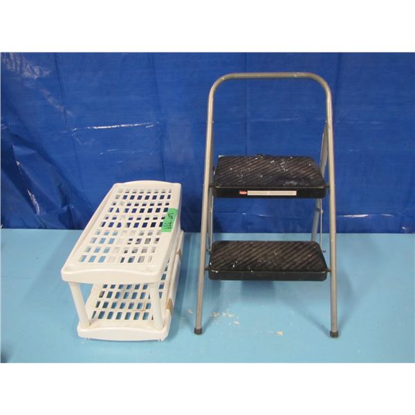 small shelf organizer and two step step stool